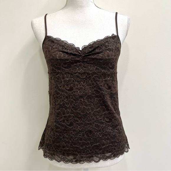 Express Y2K Vintage Lace Camisole Tank Chocolate Brown Ruched Neckline Medium - Picture 11 of 11